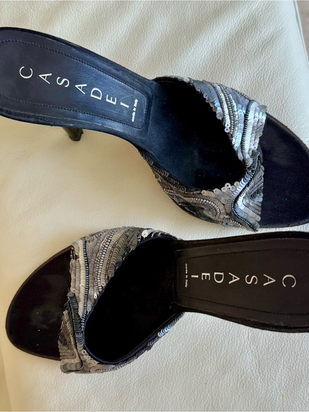 Vintage Casadei Black Sequin Wave Slide Mules US Size 5.5